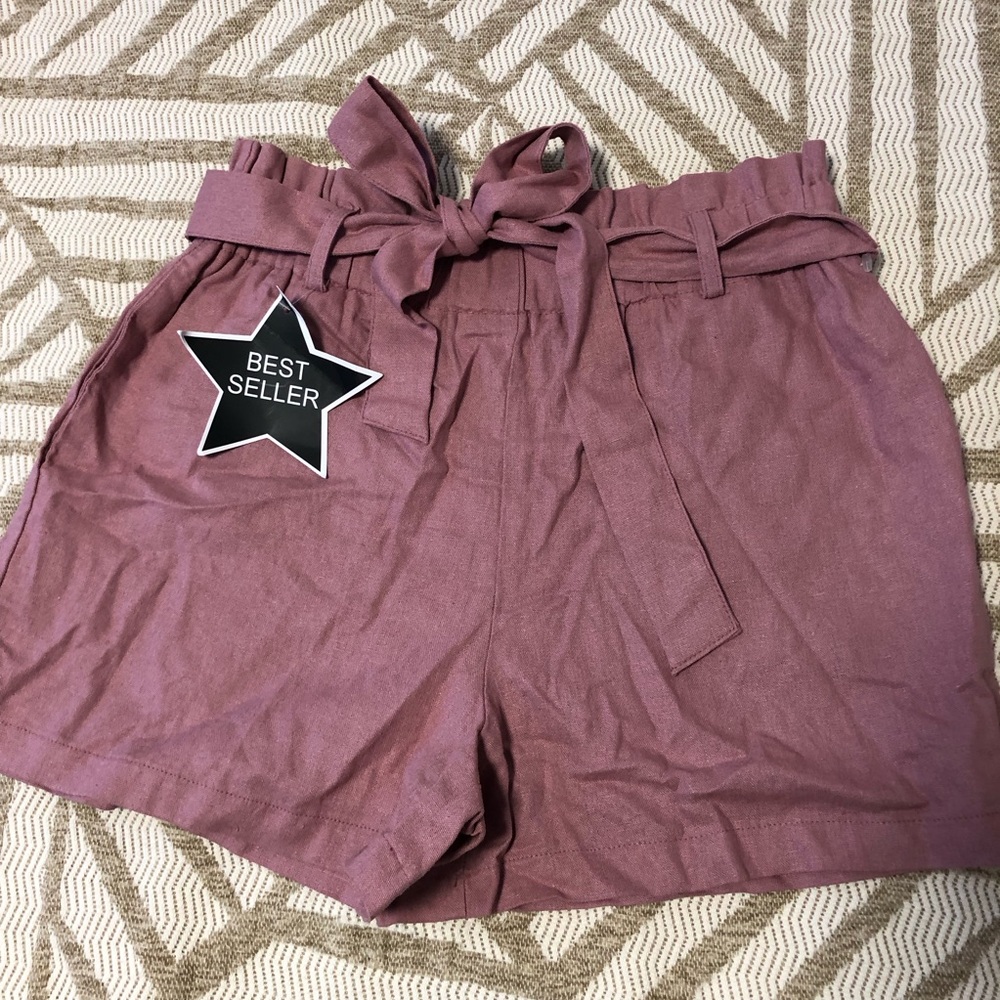 HAVE Mauve Tie-Waist Linen Blend Paper Bag Shorts